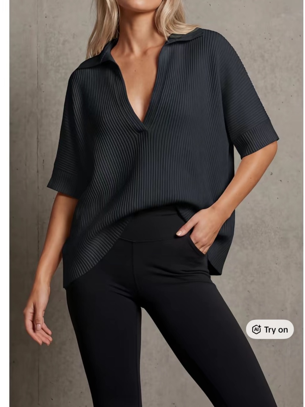 NWT Fisoew deep V short sleeved oversized ribbed top in navy